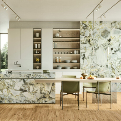 Large-format porcelain stoneware, 120x280, white marble with gold veins, matt finish, A4H1116 Bellezza Bianca #2