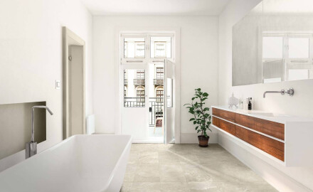 60x120 floor tiles in light grey with a warm beige hue and a veined finish, matt, A4H140 Ermetica Bianco