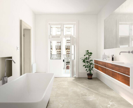 60x120 floor tiles in light grey with a warm beige hue and a veined finish, matt, A4H140 Ermetica Bianco