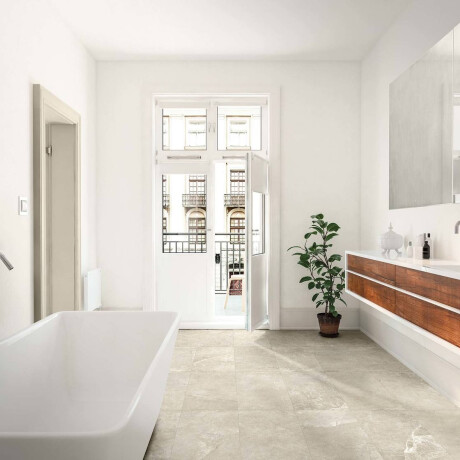 60x120 floor tiles in light grey with a warm beige hue and a veined finish, matt, A4H140 Ermetica Bianco #1