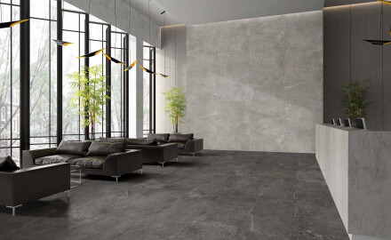 60x120 cm dark grey floor tiles with light veining, matt finish, A4H141 Ermetica Lavagna