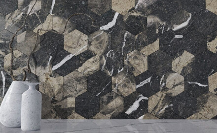 Large-format 120x280 cm black glossy porcelain stoneware tile with gold veining, rectified, A4H195 Pierre Black