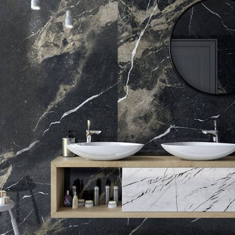 Large-format 120x280 cm black glossy porcelain stoneware tile with gold veining, rectified, A4H195 Pierre Black #2