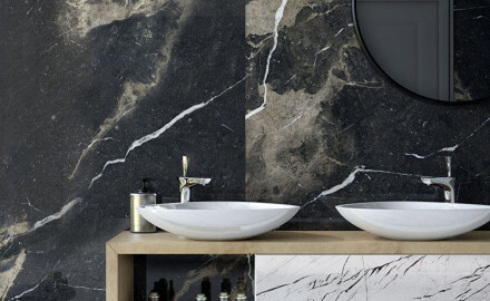 Large-format 120x270 cm matt black porcelain stoneware tile with gold veining, rectified, A4H196 Pierre Black