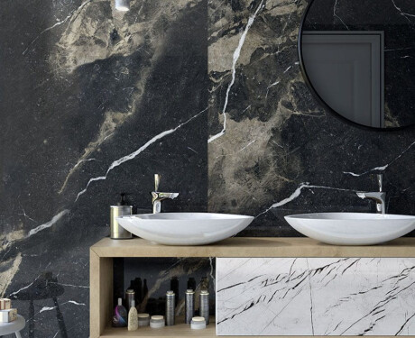 Large-format 120x270 cm matt black porcelain stoneware tile with gold veining, rectified, A4H196 Pierre Black
