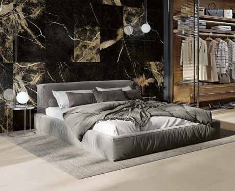 Pierre Black glazed porcelain stoneware floor tiles, 120x120 cm, glossy black with gold veining, rectified, A4H197
