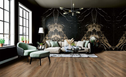 Large-format porcelain stoneware floor tile, 120x280cm, Bookmatch, black gloss with gold veining, rectified, A4H203 Pierre Black