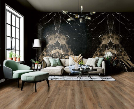 Large-format porcelain stoneware floor tile, 120x280cm, Bookmatch, black gloss with gold veining, rectified, A4H203 Pierre Black