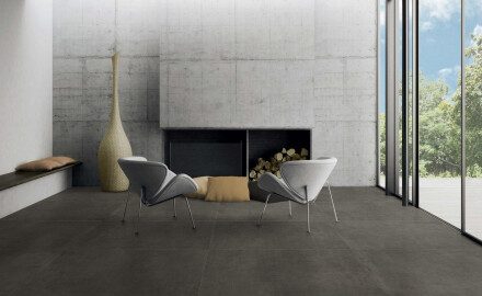 Glazed porcelain stoneware floor tiles, 60x120cm, dark grey concrete, matt finish, rectified, A4H327 Massive Dimgray