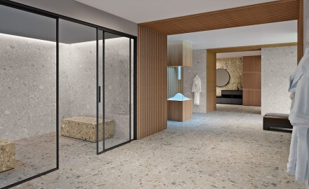 Glazed porcelain stoneware floor tiles, 120x280 cm, beige, matt terrazzo finish, rectified, A4H406 Ceppo Di Gre Warm