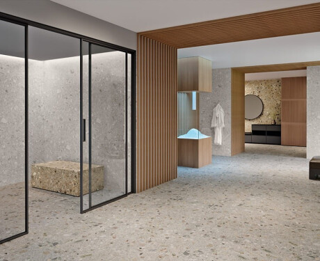 Glazed porcelain stoneware floor tiles, 120x280 cm, beige, matt terrazzo finish, rectified, A4H406 Ceppo Di Gre Warm