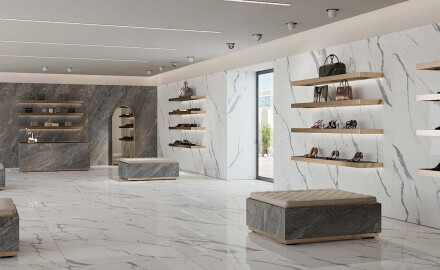 Large-format 120x270 cm glossy porcelain stoneware tile with grey veining, rectified, A4H451 Statuario Superiore