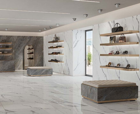 Large-format 120x270 cm glossy porcelain stoneware tile with grey veining, rectified, A4H451 Statuario Superiore