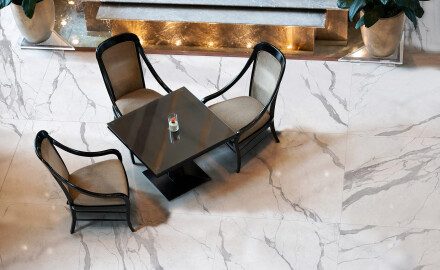 Glazed porcelain floor tiles, 120x120 cm, matt finish with grey veining, rectified, A4H455 Statuario Superiore