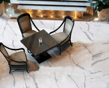 Glazed porcelain floor tiles, 120x120 cm, matt finish with grey veining, rectified, A4H455 Statuario Superiore
