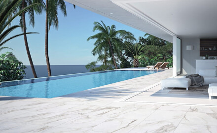 Large-format porcelain tiles, 120x280, white marble with grey veins, gloss finish, A4H462 Calacatta