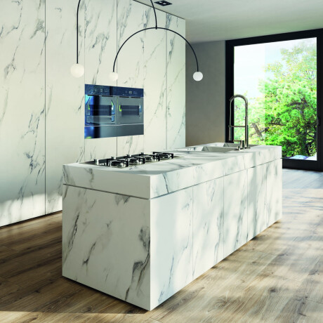 Large-format porcelain tiles, 120x280, white marble with grey veins, gloss finish, A4H462 Calacatta #2