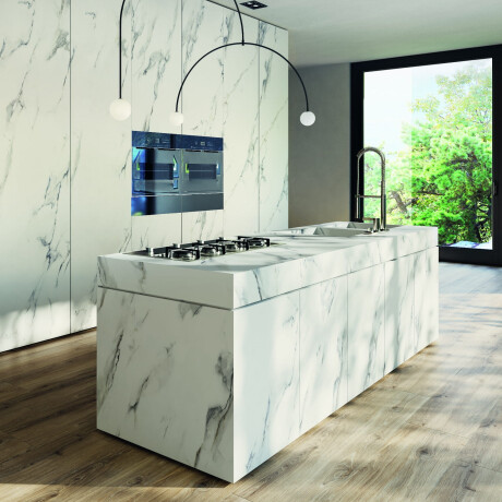 Large-format porcelain stoneware tile, 120x270 cm, with grey veins, matt finish, rectified, A4H463 Calacatta #13