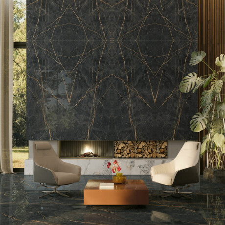 Bookmatch porcelain stoneware 120x280, black marble with gold veins, gloss finish A4H473 Sant Loreno #8