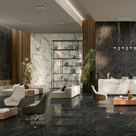 Large-format porcelain tiles, 120x280, black marble with gold veins, gloss finish, A4H474 Sant Loreno #7