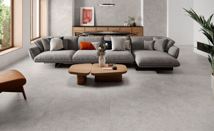 100x100 floor tiles, cross-cut travertine, matt finish, grey A4H497 Chrono Grey