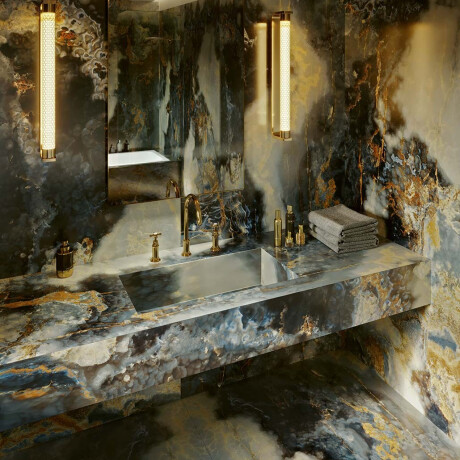 Large-format porcelain stoneware, 120x280, deep blue marble with veins, gloss finish, A4H674 Eterno Blu #6