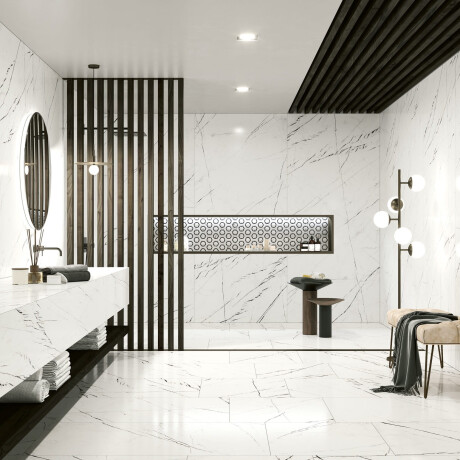 Large-format porcelain tiles, 120x280, white marble with black veins, gloss finish, A4H679 Markina White #7