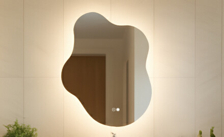 Irregular‑shaped mirror with lighting, 74×94 cm, dual color, touch switch, heating mat