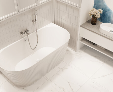 Free-standing fluted Glamour 170 cm bathtub, complete with siphon and stopper/drain in white