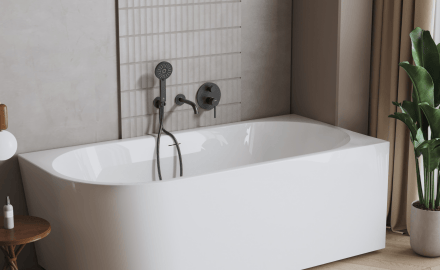 Astri freestanding wall-mounted bathtub, 150 cm, right-sided, complete with a drain trap, plug, and an elegant overflow