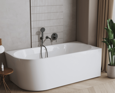 Astri freestanding wall-mounted bathtub, 150 cm, right-sided, complete with a drain trap, plug, and an elegant overflow