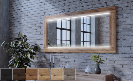 Oak wooden illuminated mirror with rectangular frame and LED Light L225