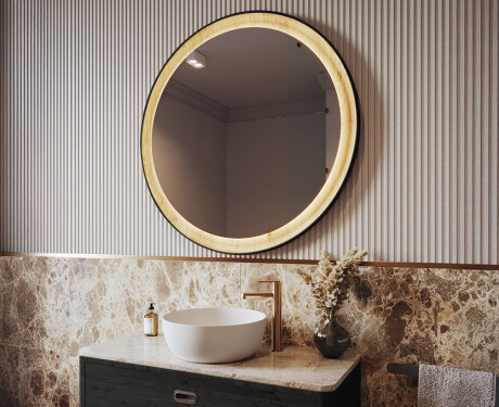 Black round LED mirror in a wooden frame