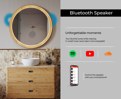 Black round LED mirror in a wooden frame #7