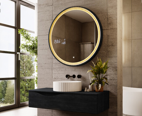 Black round LED mirror in a wooden frame #9