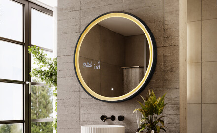 Black round LED mirror in a wooden frame
