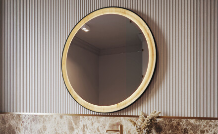 Black round LED mirror in a wooden frame