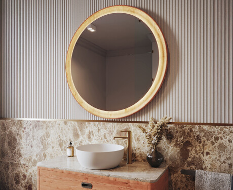 Round LED mirror in an oak frame