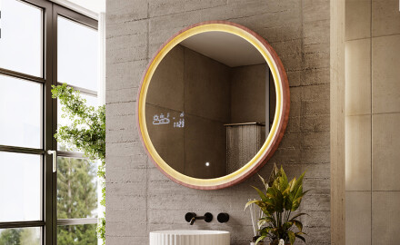 Round LED mirror in an oak frame