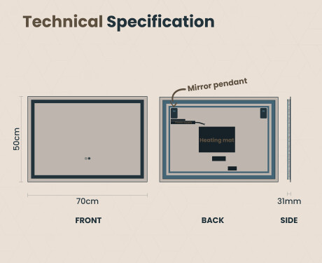 Designer Backlit LED Bathroom Mirror 70x50cm with Dual color, Touch Switch, Demister - L49 #6