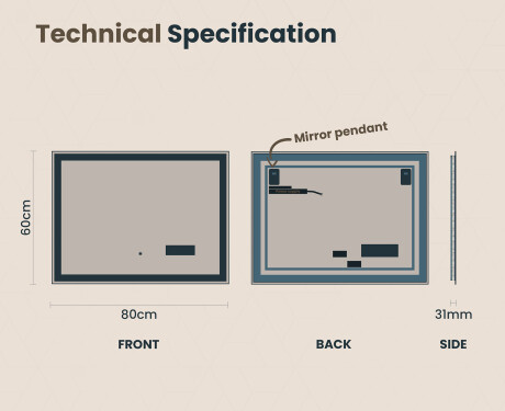 Designer Backlit LED Bathroom Mirror 80x60cm with Dual color, Demister, Station, Touch Switch - L01 #6