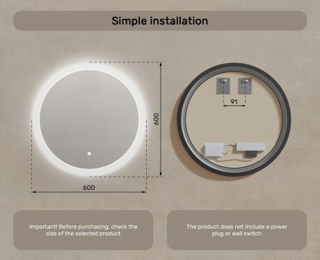 Round bathroom mirror with LED light 60cm with Dual color, Touch Switch #7