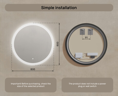 Round LED light bathroom mirror 80cm with Dual color, Touch Switch #7