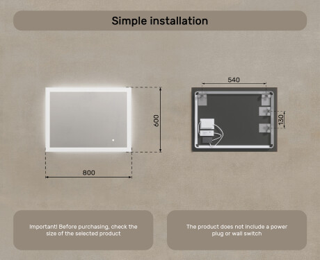 Rectangle bathroom mirror with LED lights 80x60cm with Dual color, Touch Switch #7