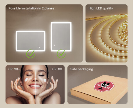 Lighted rectangular mirrors for the bathroom 100x70cm with Dual color, Touch Switch #5