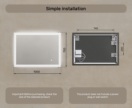 Lighted rectangular mirrors for the bathroom 100x70cm with Dual color, Touch Switch #7