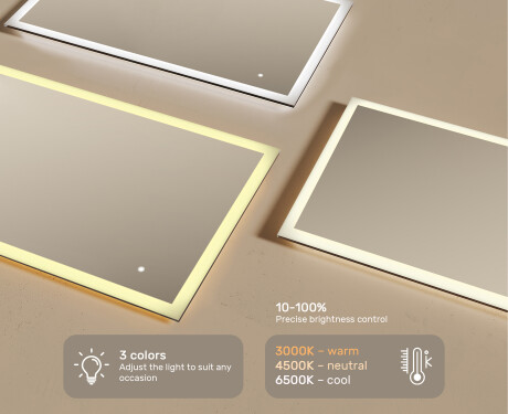 Rectangular backlit bathroom mirror 120x70cm with Dual color, Touch Switch #3