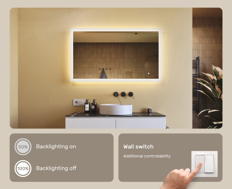 Rectangular backlit bathroom mirror 120x70cm with Dual color, Touch Switch #4