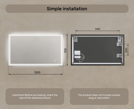Rectangular backlit bathroom mirror 120x70cm with Dual color, Touch Switch #7