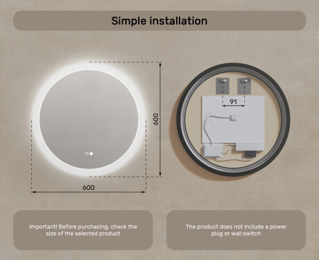 Round bathroom mirror with LED light 60cm with Dual color, Touch Switch, Demister #8